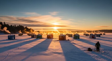 Winter sunrise over ice fishing huts