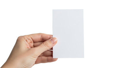 Fototapeta premium Hand holding blank white card on transparent background for mockup or design