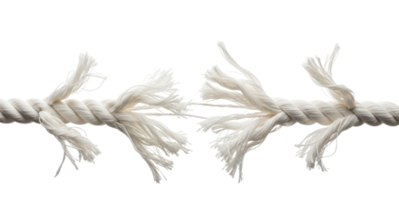 Frayed rope breaks under tension symbolizing strength and fragility
