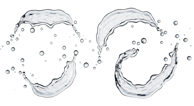 Two splashes of clear water isolated on black background, high-speed photography perfect for advertising and hydration themes