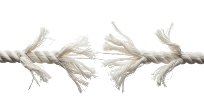 Frayed rope breaks under tension symbolizing strength and fragility