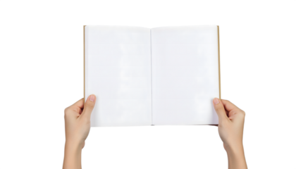 Hands holding open blank white book pages isolated on black studio backdrop for creative projects isolated on transparent background