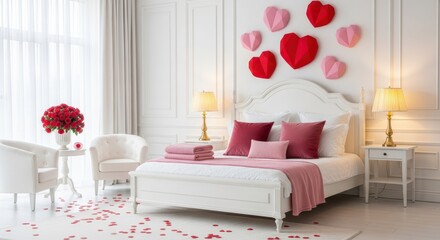 Romantic bedroom decorated for Valentine's Day with hearts and roses