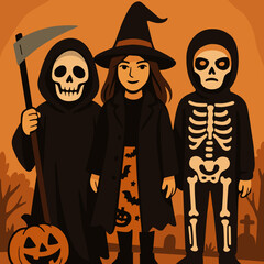 Witch, Skeleton, and Grim Reaper Characters in Halloween Costumes on Orange Background