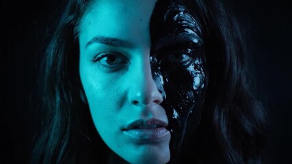 Woman with half robotic face illuminated by blue and green light.