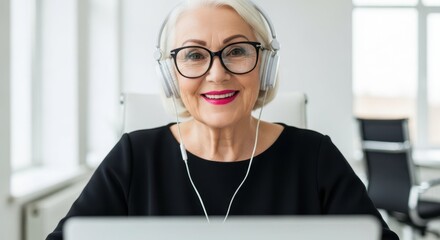 Smiling senior woman wearing headphones and glasses looking at the camera
