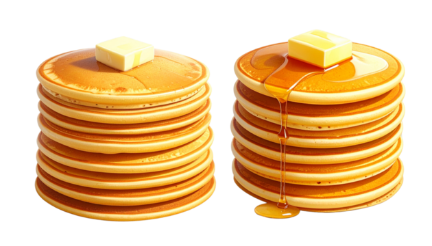 Fluffy Breakfast Pancakes Bundle – Classic and Topped with Syrup Isolated on White Background