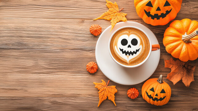 Warmly decorated coffee with pumpkin and spooky sweets makes you feel autumn vibe with happy jack olantern