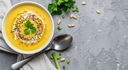 Delicious bowl of creamy yellow soup with fresh herbs and spices, top view