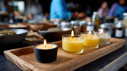 An array of vibrant candles arranged with fragrant herbs and spices, capturing the essence of creativity and warmth in a lively kitchen environment filled with aromas.