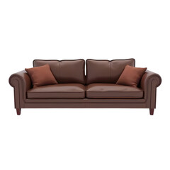 Fototapeta premium Brown Leather Sofa with Cushions isolated on transparent background