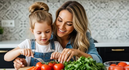 Mother and daughter preparing fresh vegetables together in a bright kitchen setting