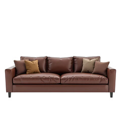Obraz premium Brown Leather Sofa with Cushions isolated on transparent background
