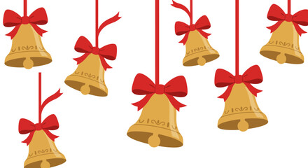 Collection of hanging golden Christmas bells with red bows.