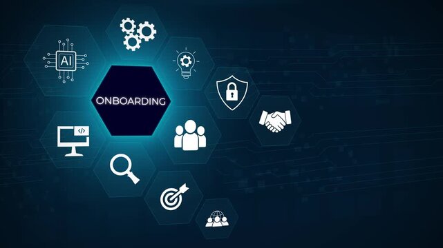 Onboarding business process concept. virtual screen onboarding icon for making sure new employees can hit the ground running. 3D dark blue background 4k animation