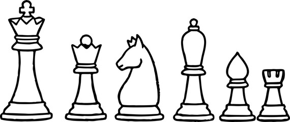 A line drawing illustration of six chess pieces a pawn, rook, queen, king, bishop, and knight, arranged in a row. The pieces are depicted in a detailed, hand-drawn style with hatching and cross-hatchi