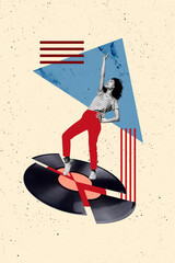 Exclusive artwork banner creative collage of happy girl dance retro vinyl disk celebration event...
