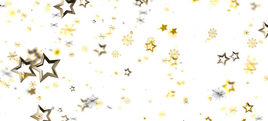 Abstract golden stars and snowflakes floating against a bright white backdrop. Perfect for festive and celebratory design projects, evoking feel