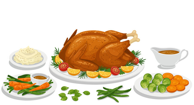 Traditional Thanksgiving dinner feast with roasted turkey and side dishes.