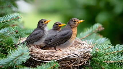 Baby birds sitting in nest on pine tree branch