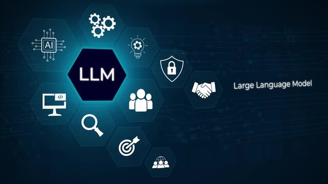 LLM Large Language Model and AI technology concept. Man working with LLM interface icons, artificial intelligence, deep learning, machine learning, 3D dark blue background 4k animation