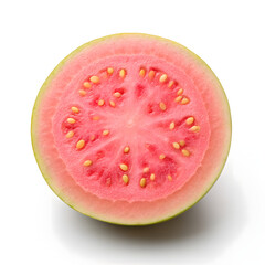 Vibrant Pink Guava Half with Seeds on White Background fruit