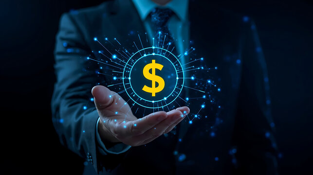 A businessman holds a digital dollar sign symbol, symbolizing digital finance, cryptocurrency, or virtual banking, surrounded by a futuristic blue network and dark background with blue light effects.