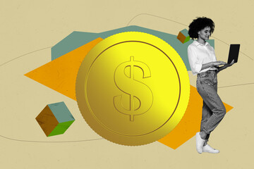 Trendy art creative full zine photo collage of happy businesswoman hold laptop stand dollar coin...