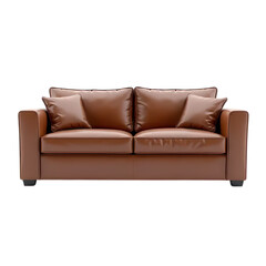 Fototapeta premium Brown Leather Sofa with Cushions isolated on transparent background