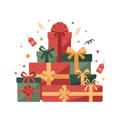 Stacked cardboard boxes with ribbons and festive tags, Boxing Day gift concept