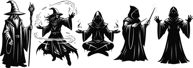Black wizard and sorcerer silhouette collection, fantasy magician character vector illustration set with magic power, spell casting, robe, wand, and mystical energy design