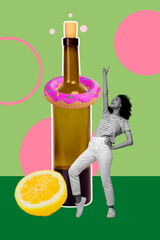 Template sketch image artwork collage of club toast relax cocktail holiday young lady dance wine...