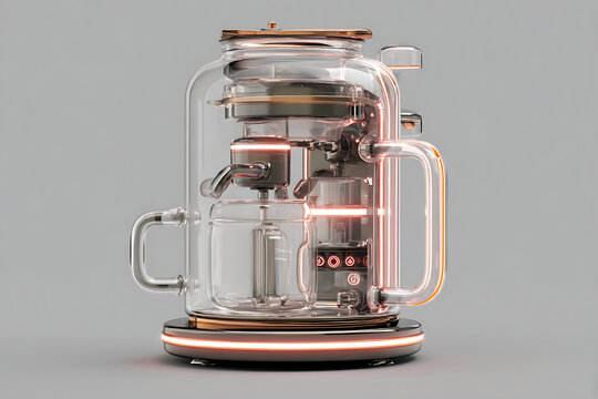 Modern glass coffee maker with orange neon lighting evokes sleek futuristic style, perfect for high-tech kitchenware designs and innovative product concepts