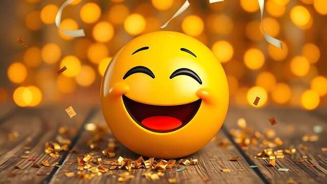 3D Laughing Emoji with Gold Confetti on Wooden Table and Bokeh Lights - Powered by Adobe