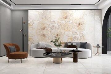 Urban modern living room featuring marble on wall and flooring and, LED light fixed around the ceiling, greenery decor for natural contrast. 3D Illustrations. 3D Rendering