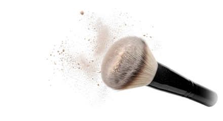 Makeup Brush Applying Powder with Dust Cloud on White Background