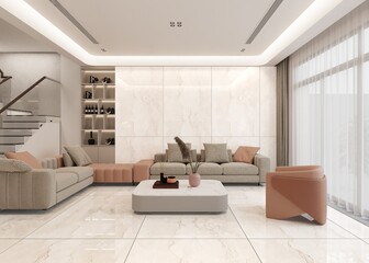 Luxurious lounge space of a weekend vila with marble tiles on wall and flooring, abstract art, and neutral beige decor, white curtains to the window to an amazing view. 3D Illustrations. 3D Rendering