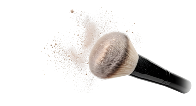 Makeup Brush Applying Powder with Dust Cloud on White Background