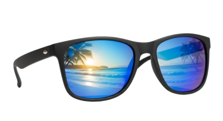 Sunglasses with Tropical Beach Sunset Reflection on White Background