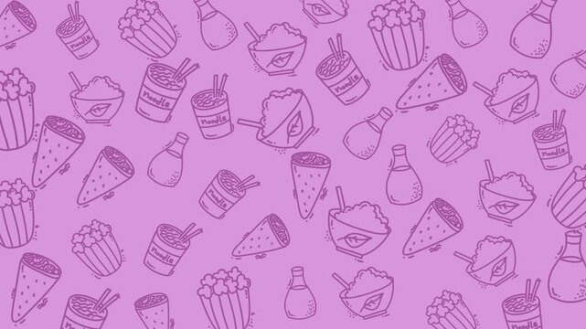 Playful seamless pattern featuring hand-drawn fast food items such as fries, burgers, tacos, and drinks on a purple background. Fun and modern design ideal for packaging, textiles, or wallpapers.