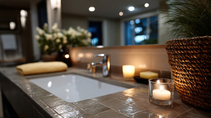 Fototapeta premium An elegant bathroom sink area featuring calming candles, a woven basket, and soft towels, creating a serene retreat for relaxation and rejuvenation.