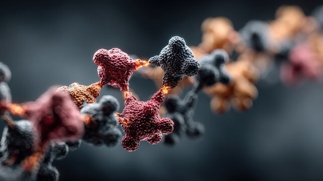 A close-up view of a molecular structure, showcasing interconnected atoms in various colors against a blurred background, highlighting the intricacies of chemical compositions. - Powered by Adobe