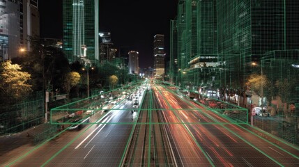 A futuristic cityscape at night, featuring illuminated buildings and a digital overlay, emphasizing technology and urban life.