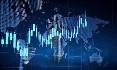 Global financial market data visualization with a digital world map and candlestick charts showing economic trends and investment performance - Powered by Adobe