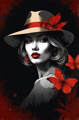 Stylish portrait of a woman in a hat with red butterflies and floral elements against a dark background