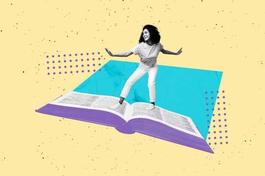 Full image banner sketch 3d photo collage of happy girl stand open book literature subject education encyclopedia reader novel