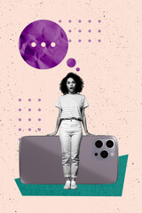 Poster image vertical photo collage of shocked girl stand phone device bubble communication speech...