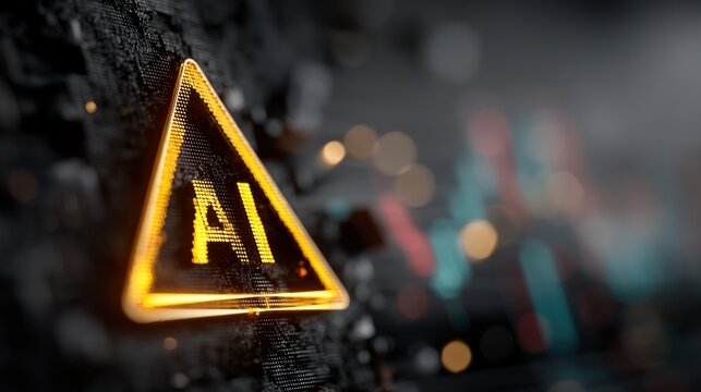 A glowing triangular warning sign displays "AI," set against a digital background, representing artificial intelligence and technology trends.