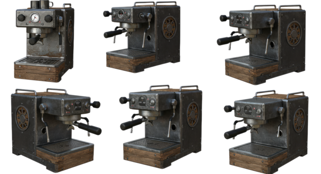 Vintage espresso machine set with wooden base and metal body, retro coffee maker perfect for cafes and coffee enthusiasts