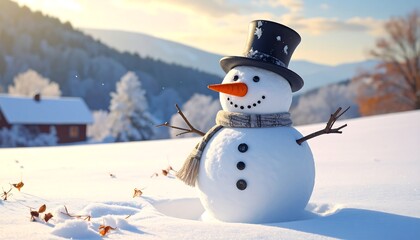 Obraz premium Snowman in snowy landscape at sunset